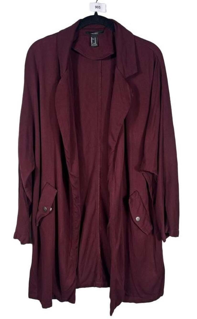 Forever 21 Duster Jacket Size 1X Burgundy Long Open Front Cardigan